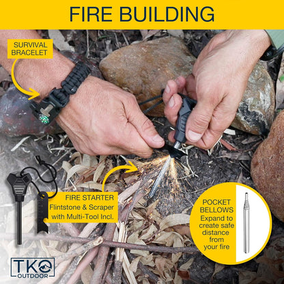 TKO Outdoor Professional Survival Kit - 20 in 1 Tactical Gear for Camping Hunting Hiking and Adventures | Equipment Including First Aid Kit, Knife, Flashlight + Tools | Gifts for Men Dad Husband