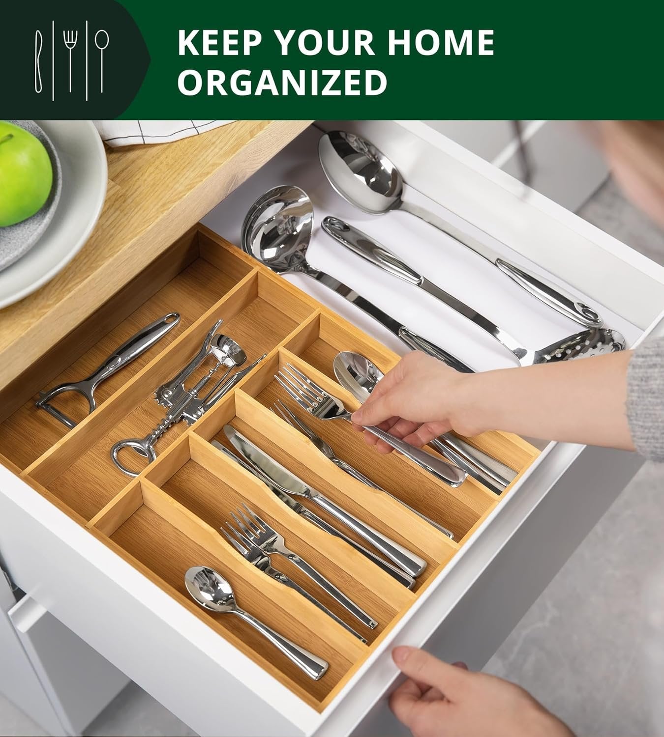 Bamboo Kitchen Drawer Organizer - Expandable Silverware Organizer/Utensil Holder and Cutlery Tray with Grooved Drawer Dividers for Flatware and Kitchen Utensils (Natural, 7 Slots)