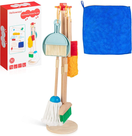 HELLOWOOD Kids Cleaning Set, 8 pcs Housekeeping Pretend Play Set Includes Broom Mop Duster Dustpan Brushes Rag and Organizing Stand, Cleaning Toys for Toddlers Girls Boys Age 3-6, Real Beech Wood
