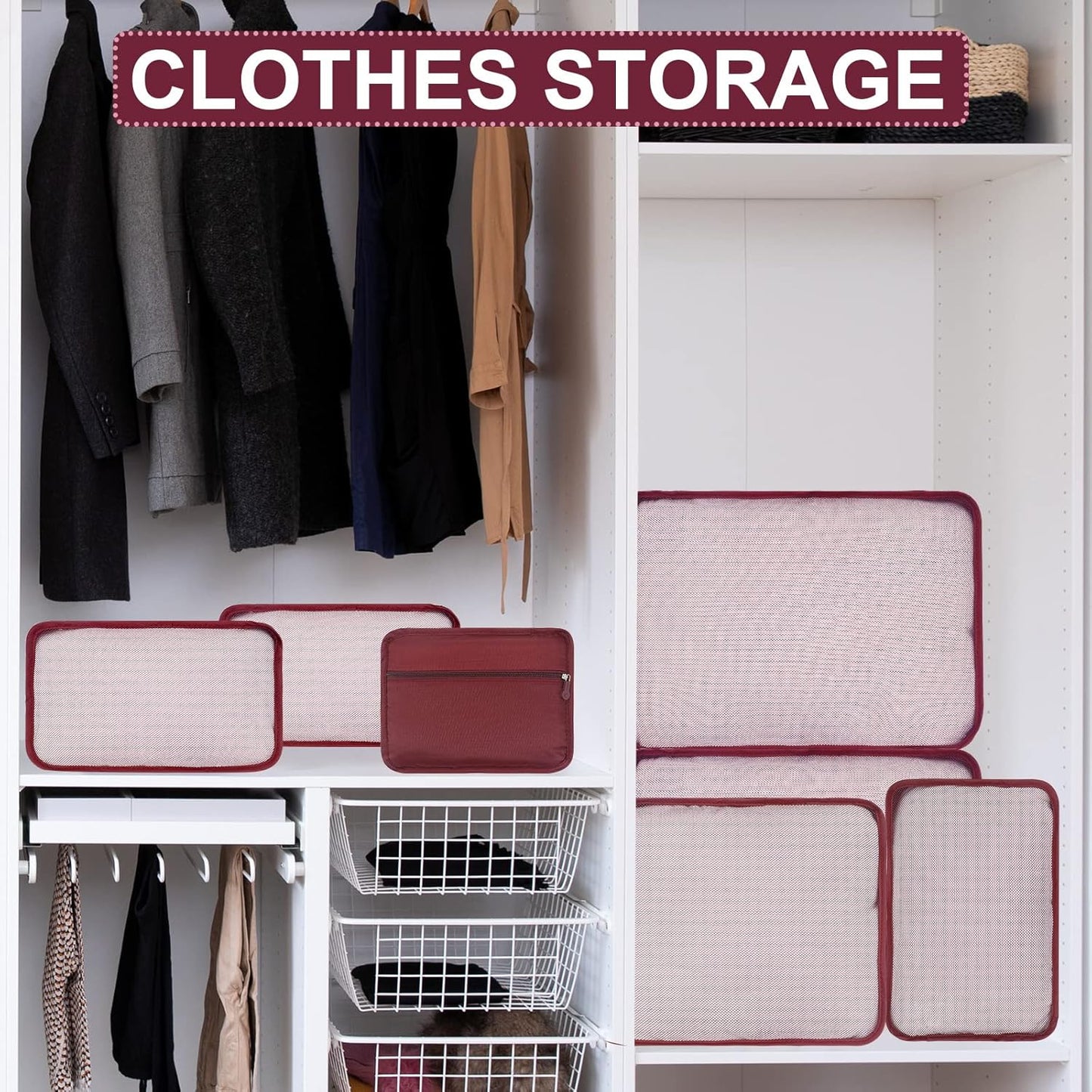 ShawFly Suitcase Organizer Packing Cubes, 7 Pieces Travel Cubes for Suitcase Lightweight Luggage Packing Organizer Essential Travel Bags for Travel Accessories (Burgundy)