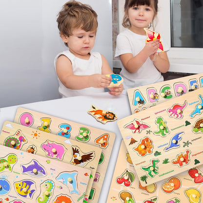 LOYUEGIYO 6PCS Toddler Wooden Peg Puzzle Toys for Age 2-4 3-5 Year Old Boys Girls,Educational Learning Sensory Toy,Puzzles for Toddlers Kids,Dinosaur&&Ocean&Alphabet&Number Shape&Animal&Fruit Puzzles