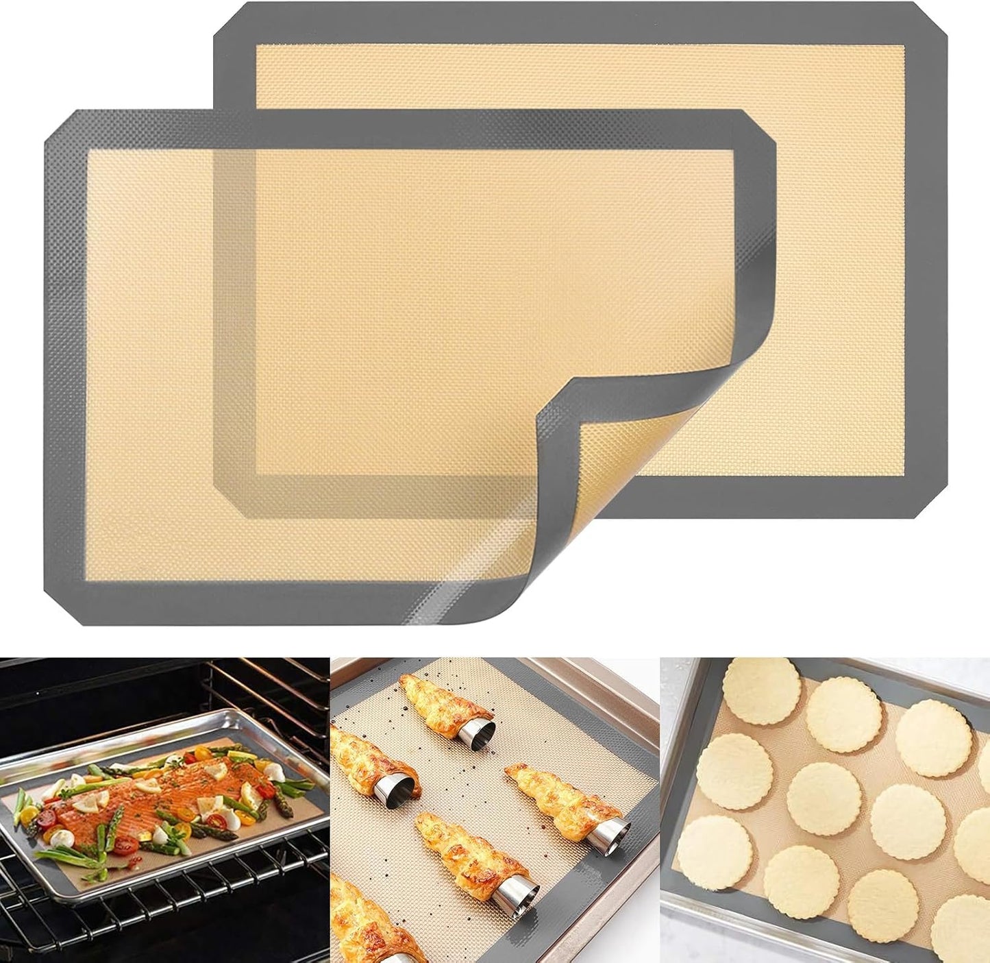 2 Pack Silicone Reusable Baking Mat, Cookie Sheets for Baking, Non-Stick - Food grade,Oven Baking Sheet for Making Bread,Cookies,Macaroons (grey 60 * 40cm)