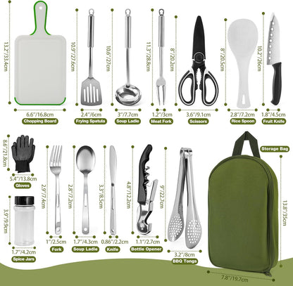 Camping Cooking Utensils Set 16Pcs, Cookware Storage Bag Camping Tool Accessories, Camper Essentials Gear Must Haves Supplies for Travel RV BBQ Grill Picnic Hiking, CT606