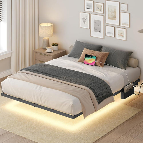 MAHANCRIS Full Size Floating Bed Frame, Metal Platform Bed with Power Strip and LED Strip, Metal Bed Frame with Storage Box, Soundless, No Box Springs Needed, Black