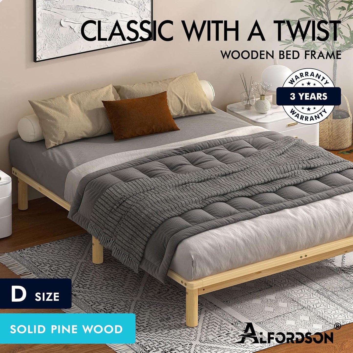 ALFORDSON Double Bed Frame Wooden Bed Base with Timber Slats, Solid Pine Wood Mattress Base Platform Support, Bed Foundation with Storage Space, Basia Series Home Bedroom Furniture in Oak