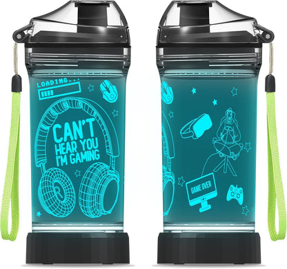 Can't Hear You I'm Gaming Water Bottle, YuanDian 7 Color Lights 3D Light up Drinking Cups Gifts for Gamers, BPA Free Tritan & Leak Proof Flip Top Lid & Easy Clean & Carry Handle, 14oz/ 400ml