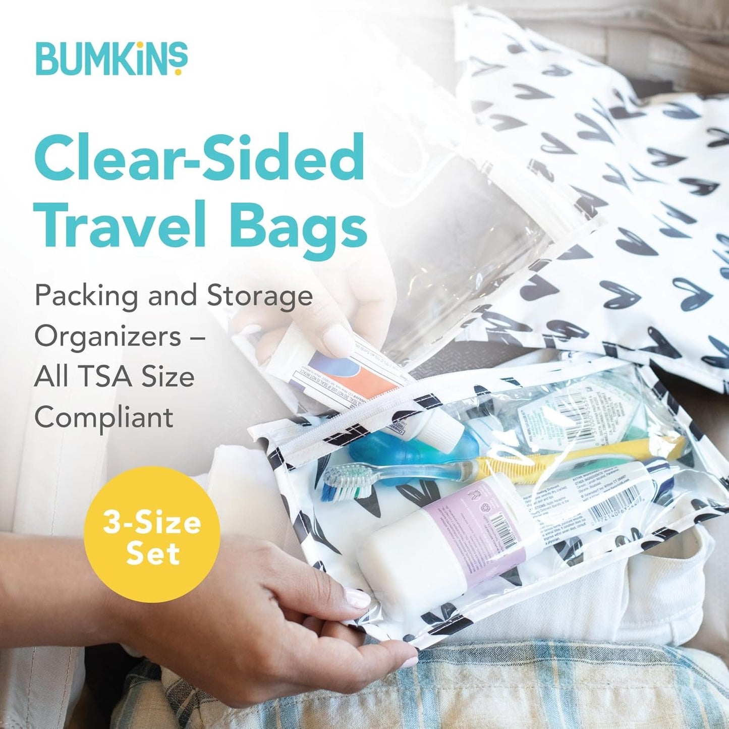 Bumkins Travel Bag, Toiletry, Baby, TSA Approved Pouch, Zip Bag, Quart Size Compliant, Clear-Sided, Diaper Bag Organization, Makeup, Accessories, Set of 3