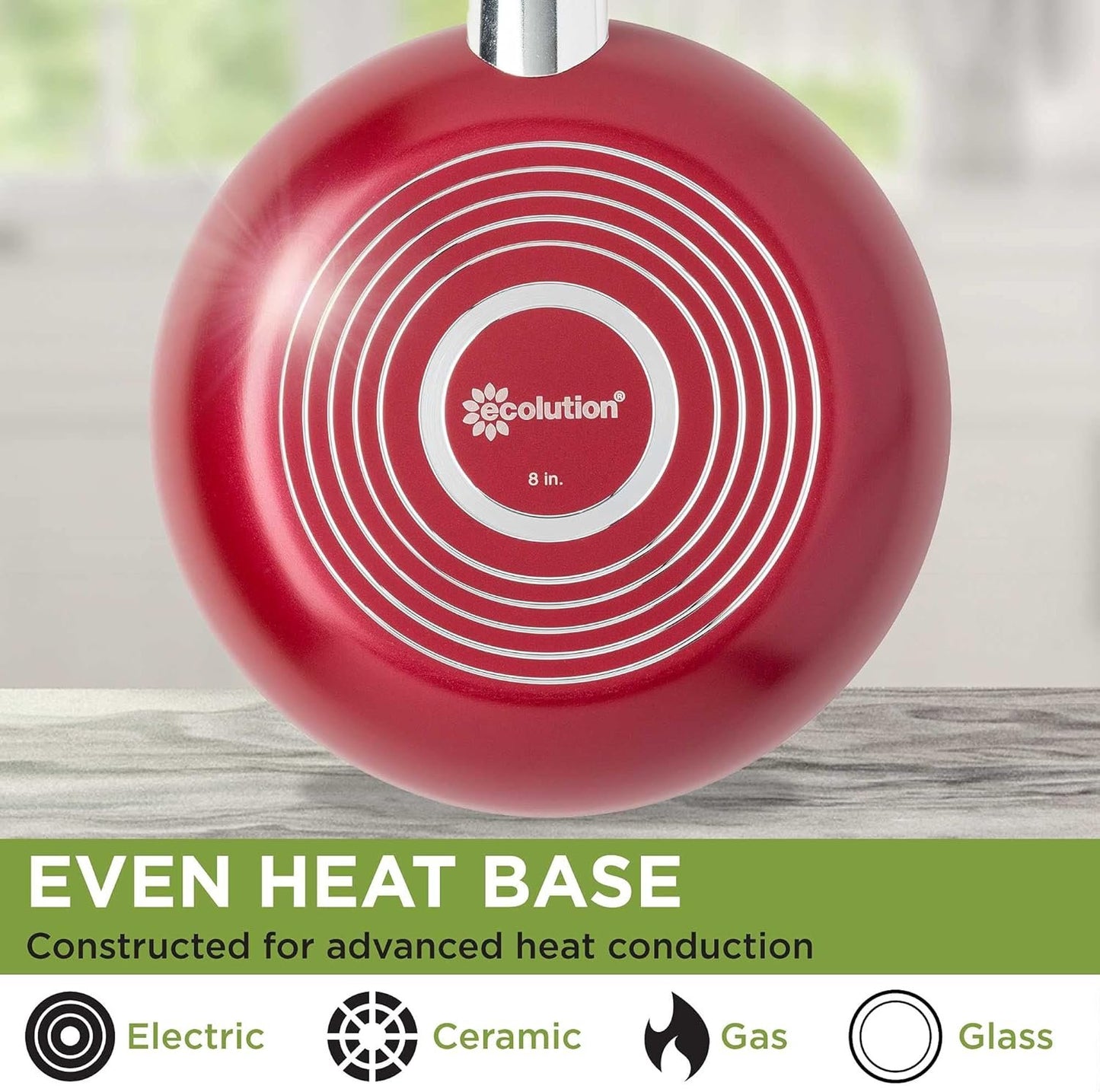 Ecolution Easy Clean Nonstick Cookware Set, Features Kitchen Essentials, Bamboo Cooking Utensils Set, Vented Glass Lids, Ergonomic Grip Handles, Made Without PFOA, Dishwasher Safe, 12-Piece, Red