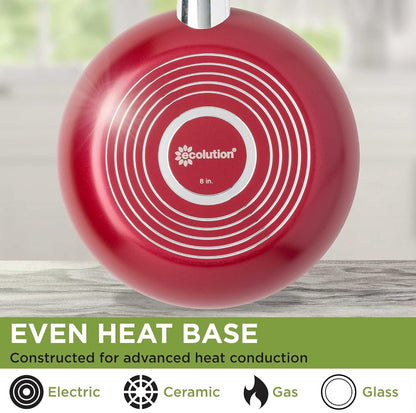 Ecolution Easy Clean Nonstick Cookware Set, Features Kitchen Essentials, Bamboo Cooking Utensils Set, Vented Glass Lids, Ergonomic Grip Handles, Made Without PFOA, Dishwasher Safe, 12-Piece, Red