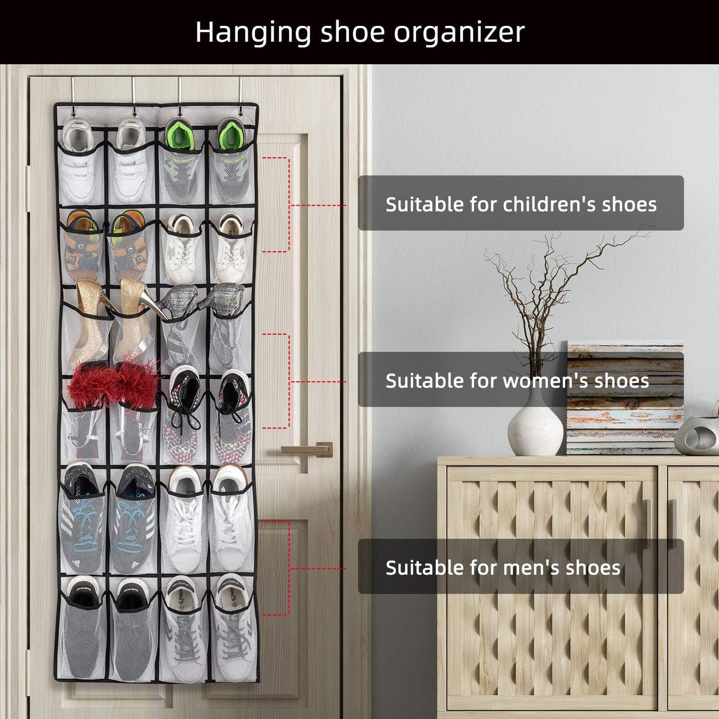 SAVERHO Over The Door Shoe Organizer, Hanging Shoe Organizer with 24 Mesh Large Pockets Door Shoe Rack Organizer for Men Women Kids Hanging Shoe Storage Bag.(White)