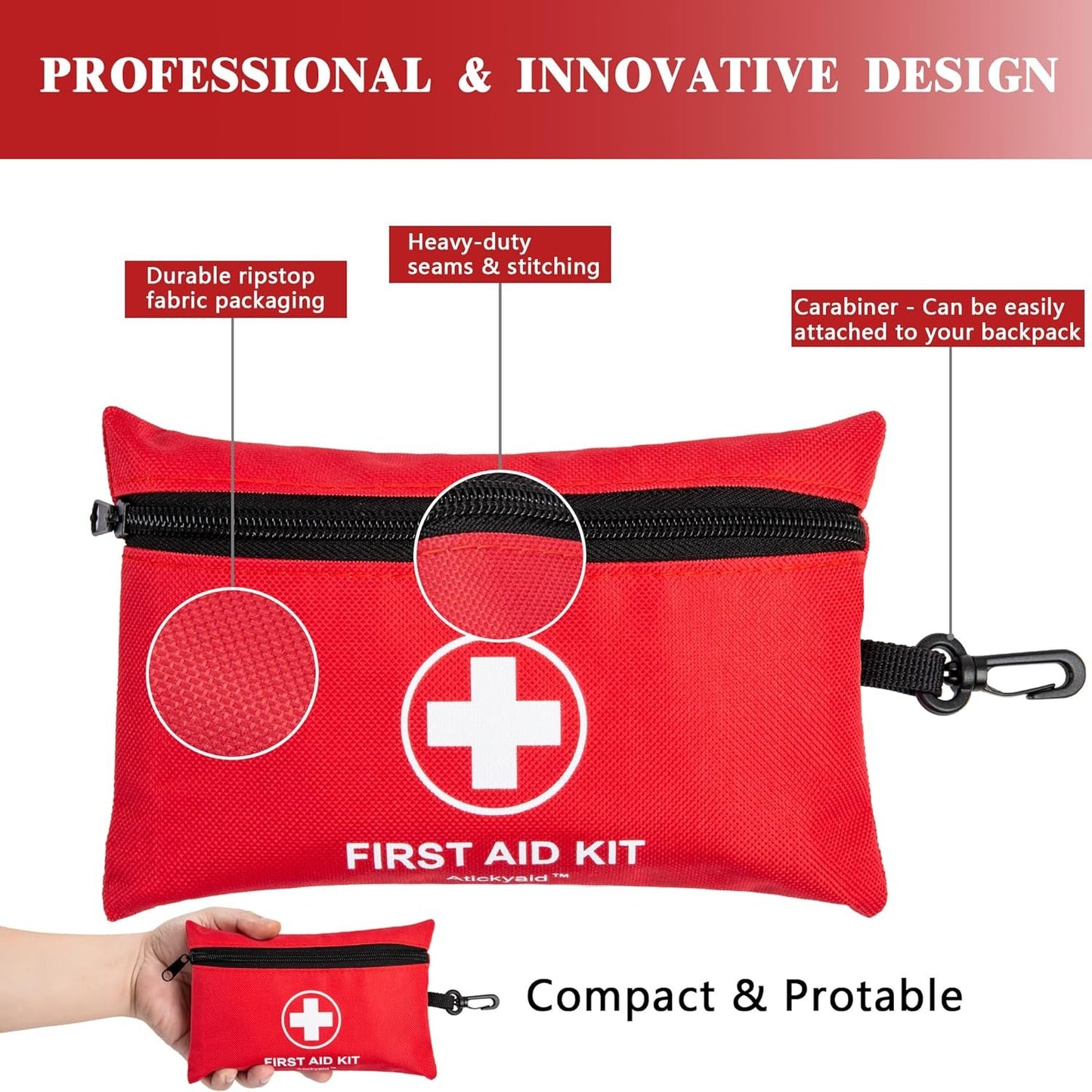 Atickyaid Mini First Aid Kit - 140 Piece Small First Aid Medical Kit for Car, Home, Office, Travel, Camping, Sports, Outdoor, School - Emergency First Aid Supplies and Survival Kit, Red, 140 Pieces,