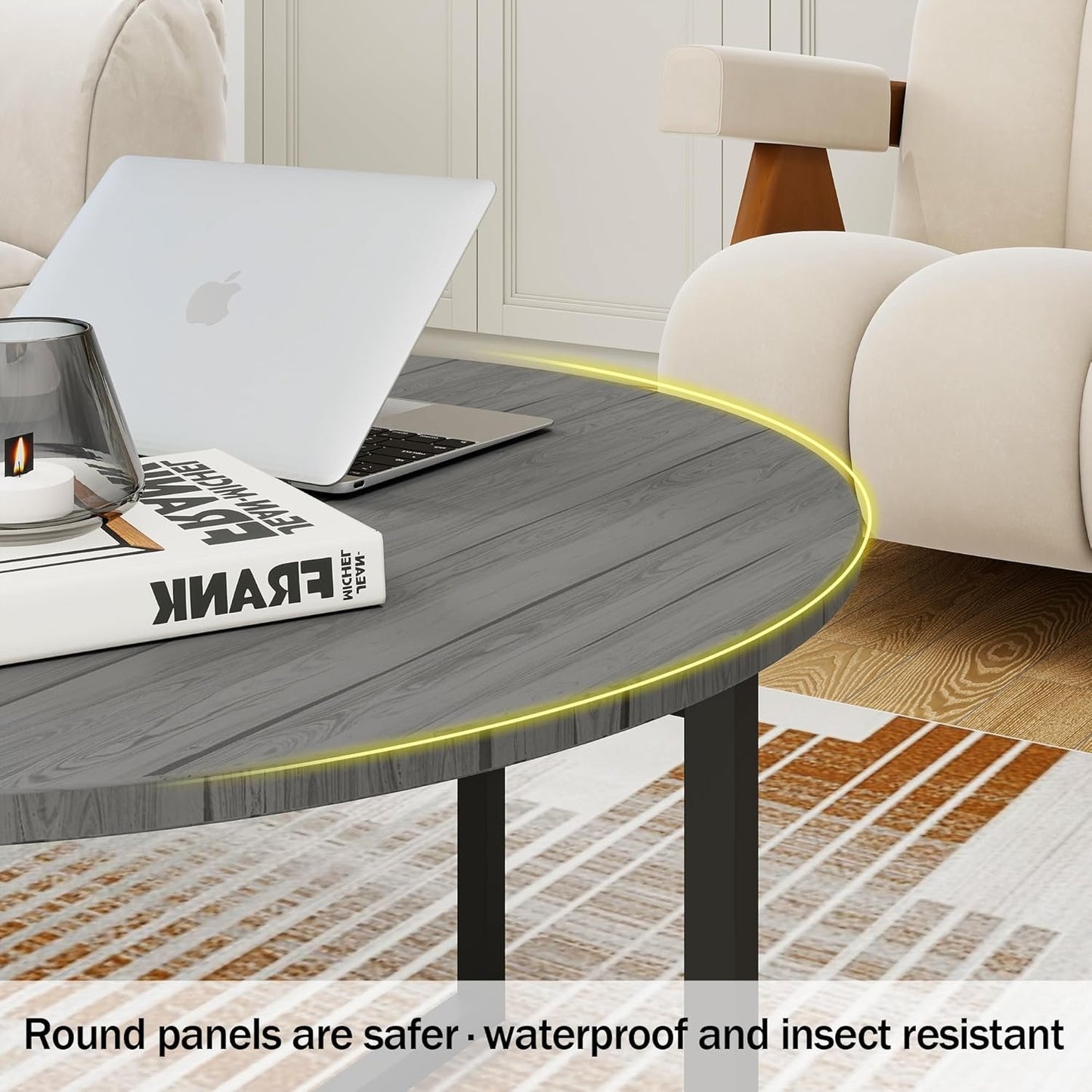 Diolong Round Coffee Table Center Table Living Room Side Table Dining Table with Metal Frame Small Coffee Tables for Small Spaces, Grey Oak