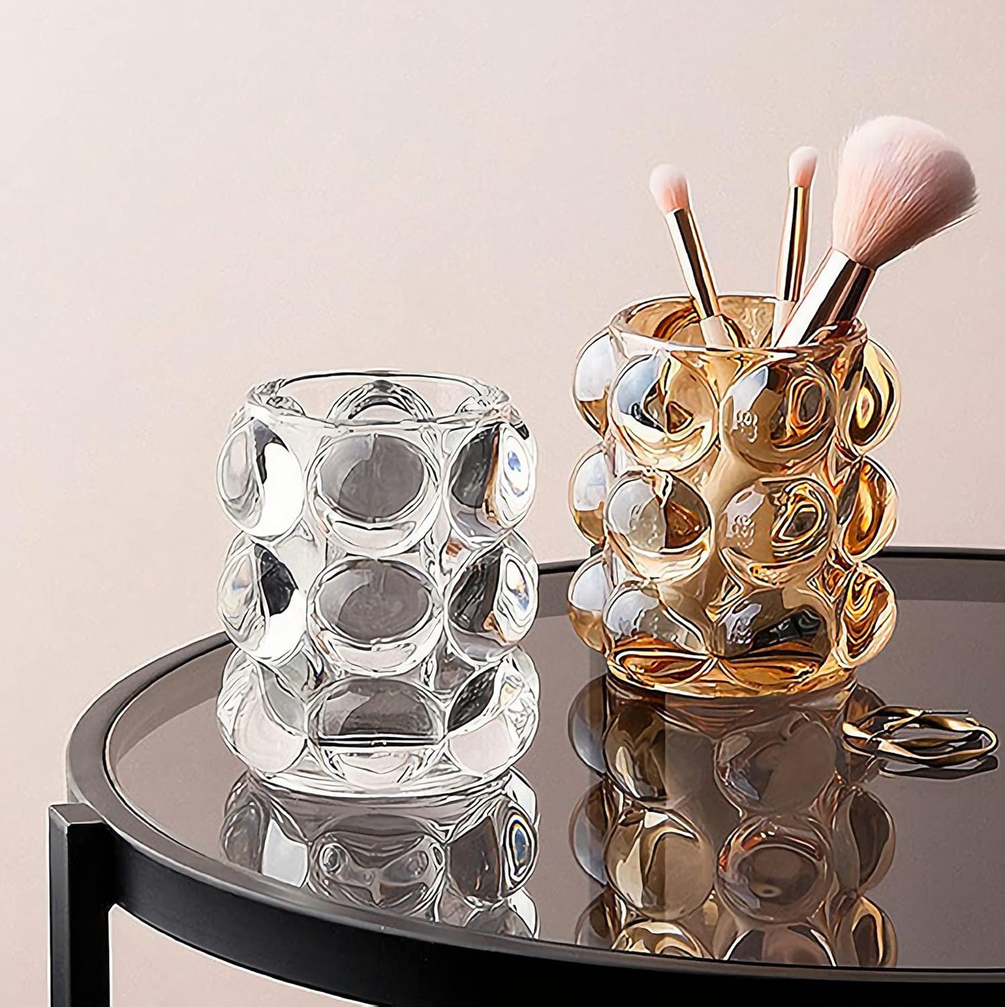 Pen Pencil Container Multi-Purpose Bubble Design Glassware Comb Makeup Brush Holder Office Desk Accessories Storage Cosmetic Tools Organizer Cup (Amber)