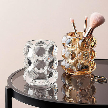 Pen Pencil Container Multi-Purpose Bubble Design Glassware Comb Makeup Brush Holder Office Desk Accessories Storage Cosmetic Tools Organizer Cup (Amber)