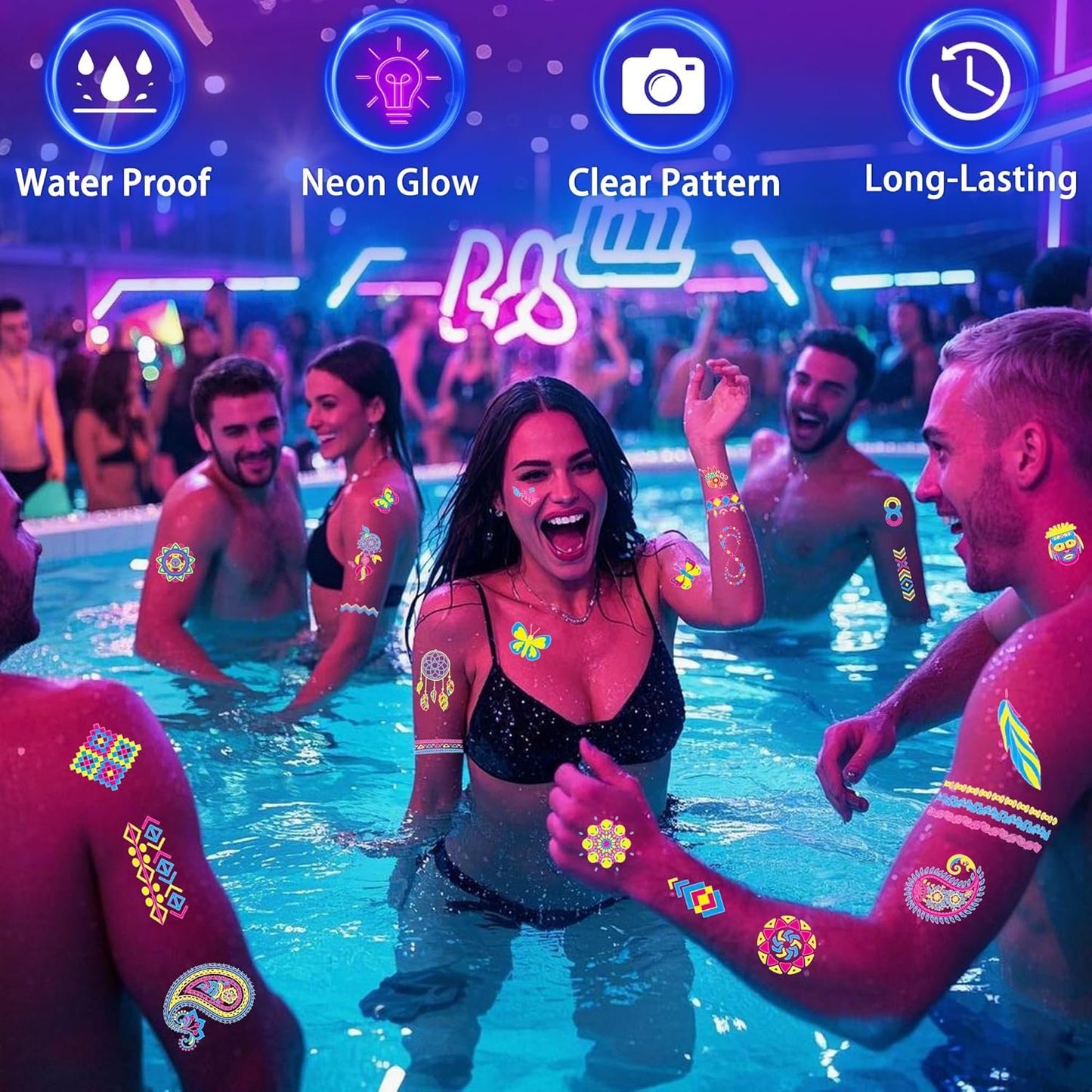 Glow In The Dark Party Supplies -160 Styles Neon Body Paint Accessories Blacklight Temporary Tattoo For Adult Fluorescent Face Fake tattoos Fiesta Rave Festival Decorations,20Sheet - TATUWST