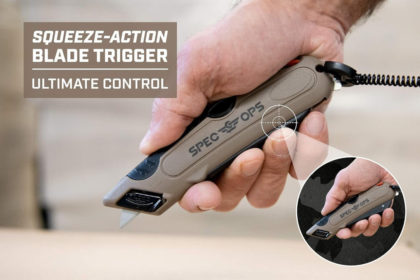 Spec Ops Tools Safety Knife Box Cutter, Includes Holster & Lanyard, 3% Donated to Veterans, Black/tan