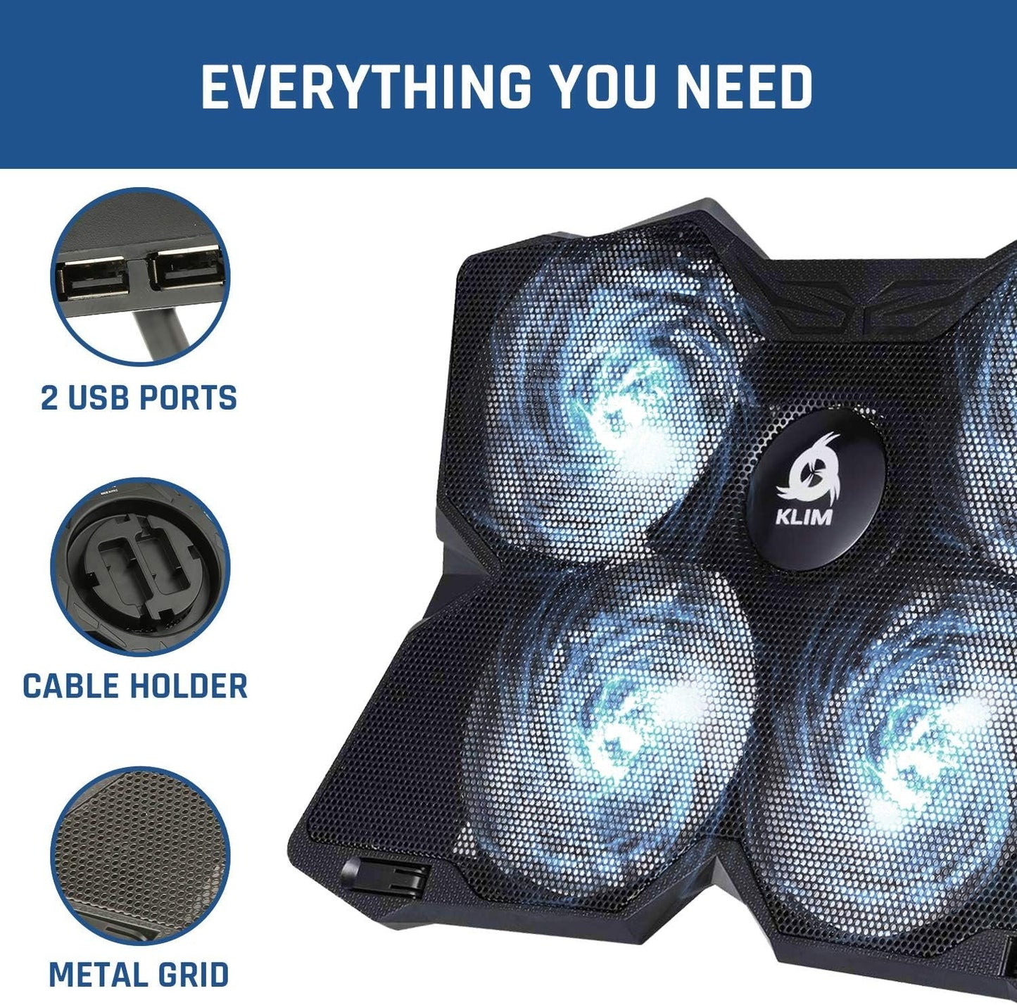 KLIM Wind Laptop Cooling Pad - More Than 500 000 Units Sold - New Version - The Most Powerful Rapid Action Cooling Fan - Laptop Stand with 4 Cooling Fans at 1200 RPM - USB Fan - PS5 PS4 - White