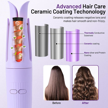 Automatic Hair Curling Iron Automatic Hair Curler Automatic Rotating with 3 Temperature Sets, Anti-Scald, Anti-Tangle Auto Curling Iron Rotating, Purple