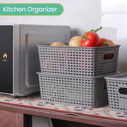 Plastic Storage Baskets with Lid - Plastic Storage Containers Stackable Storage bins: Storage Baskets for Organizing Shelves Drawers Desktop Closet Playroom Classroom Office, 8 Pack-Gray