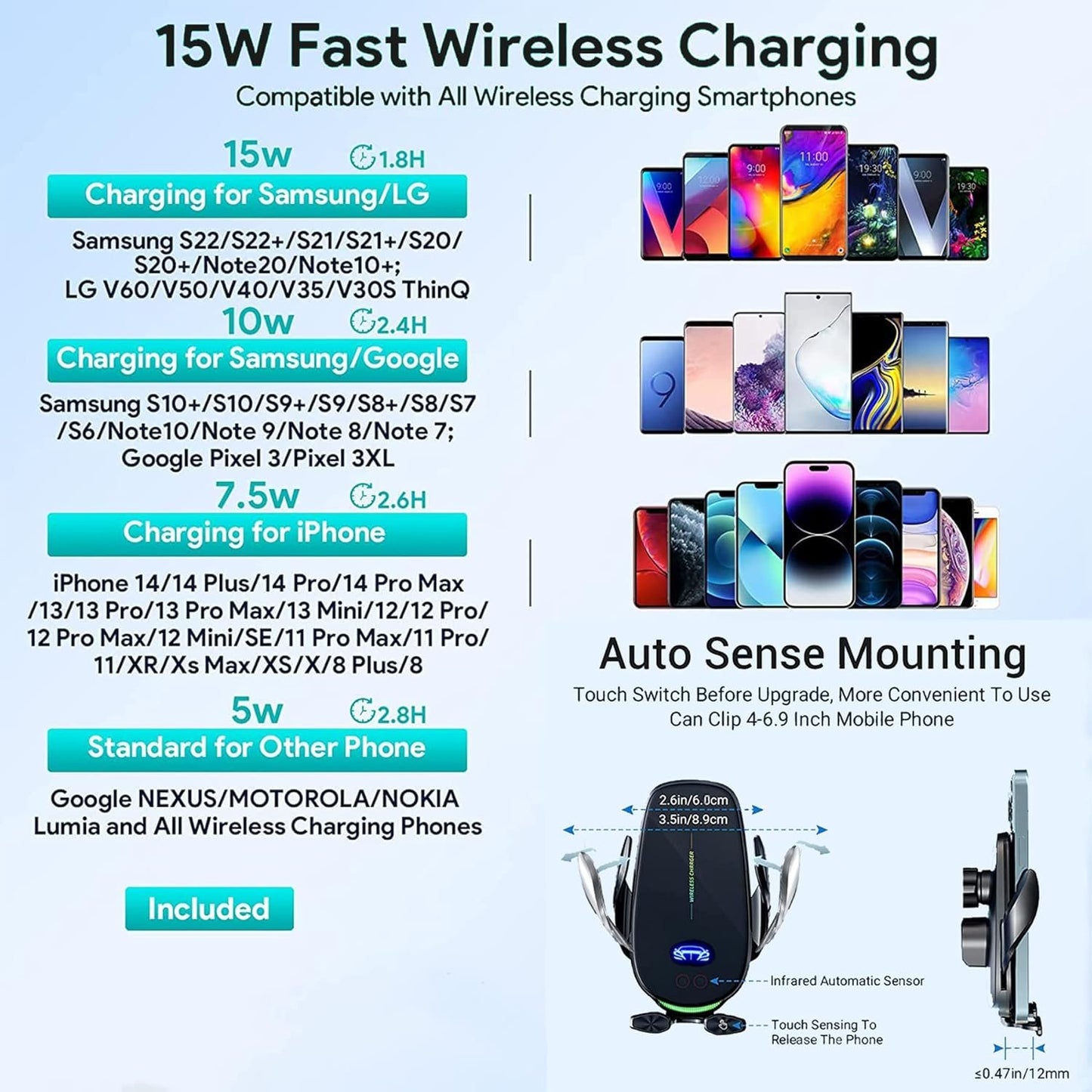 Basecn Upgraded 15W Fast Wireless Phone Charger, Car Wireless Charger, Phone Holder, Auto-Clamping Senser, 1000 Times Opening Without Power, Suit for Cars, Office, Kitchen (Black&Clip)