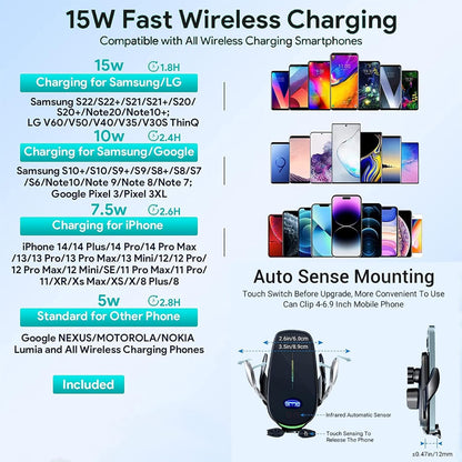Basecn Upgraded 15W Fast Wireless Phone Charger, Car Wireless Charger, Phone Holder, Auto-Clamping Senser, 1000 Times Opening Without Power, Suit for Cars, Office, Kitchen (Black&Clip)