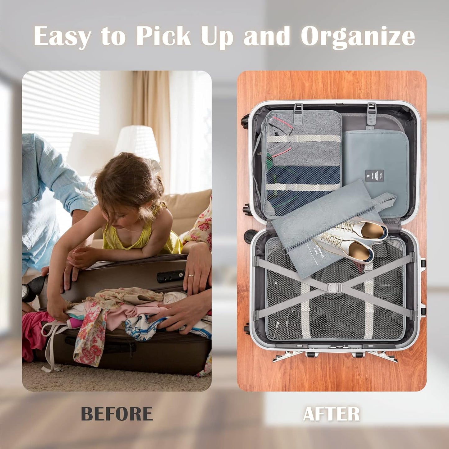 Travel Suitcase Organizer Set of 9 Cubes Packing Bags Waterproof Travel Bags for Holiday and Travel, for Clothing, Cosmetics, Shoes, Underwear, Grey