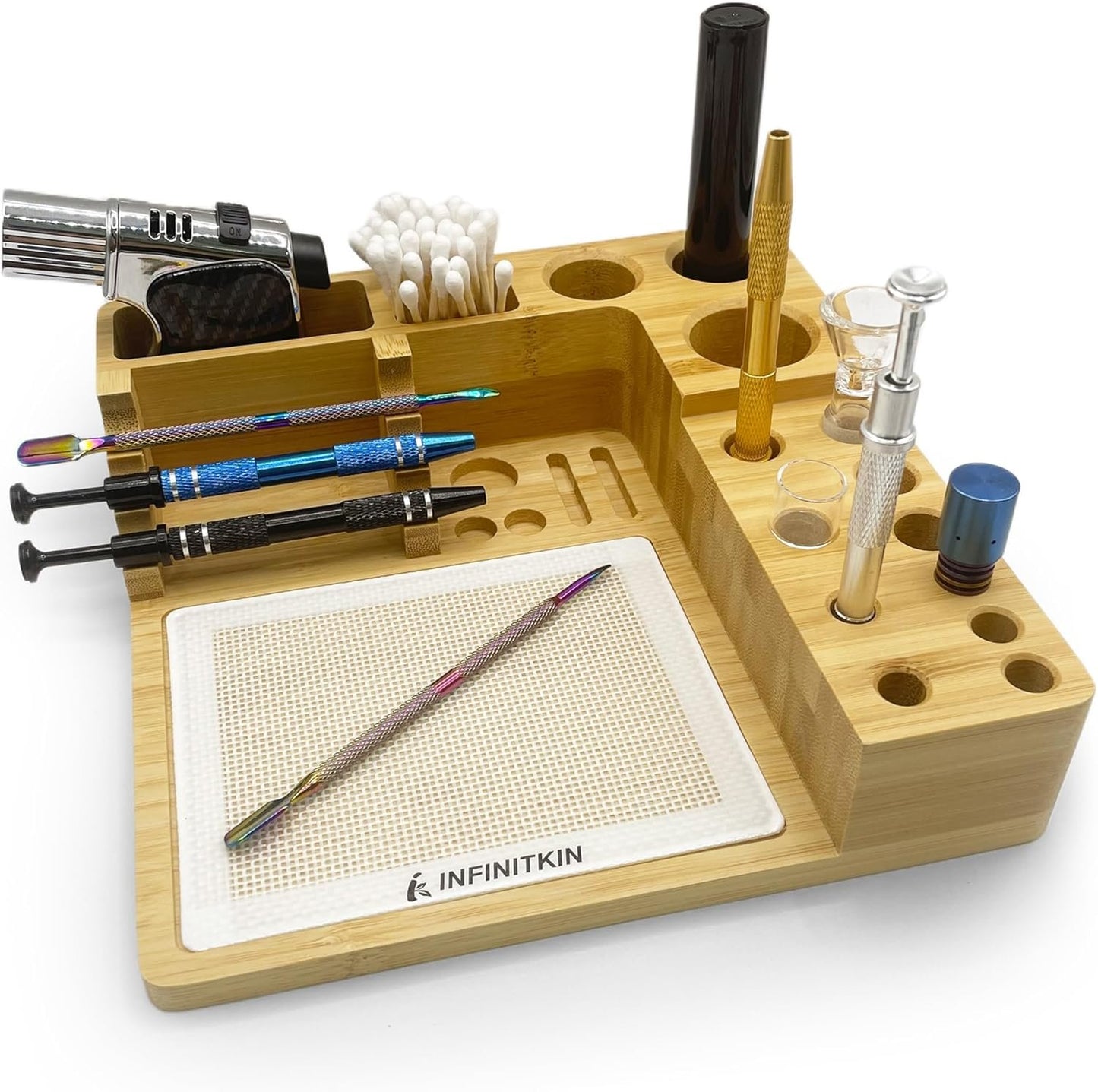 INFINITKIN Natural Bamboo Desk Organizer & Wax Carving Tools Holder with 15 Compartments - Rectangular, Minimalist Style - Perfect for Office Desk Organization