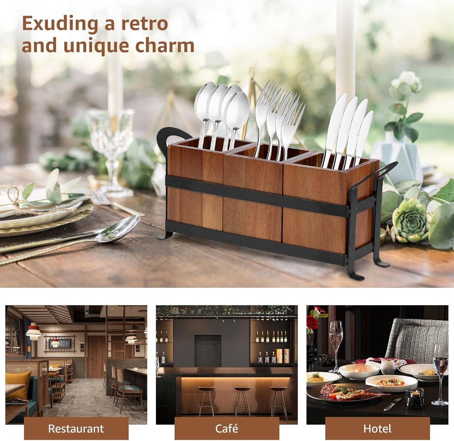 PHWRECZ Utensil Caddy 3 Compartments Wood Utensil Organizer Cutlery Holder for Spoons Fork Multifunctional Cutlery Storage Holder with Handle Removable Kitchen Utensil Holder 13.2×3.66×5.5 Inch