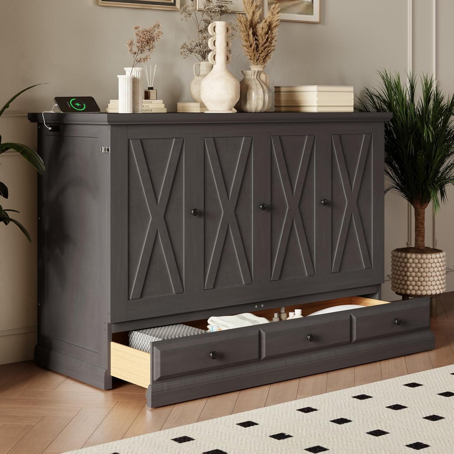 GDFStudio Queen Size Farmhouse Style Murphy Bed Cabinet with USB Charging Port, Solid Pine Wood Foldable Chest Bed with Large Storage Drawer for Guest Room, Small Apartment, or Home Office, Gray