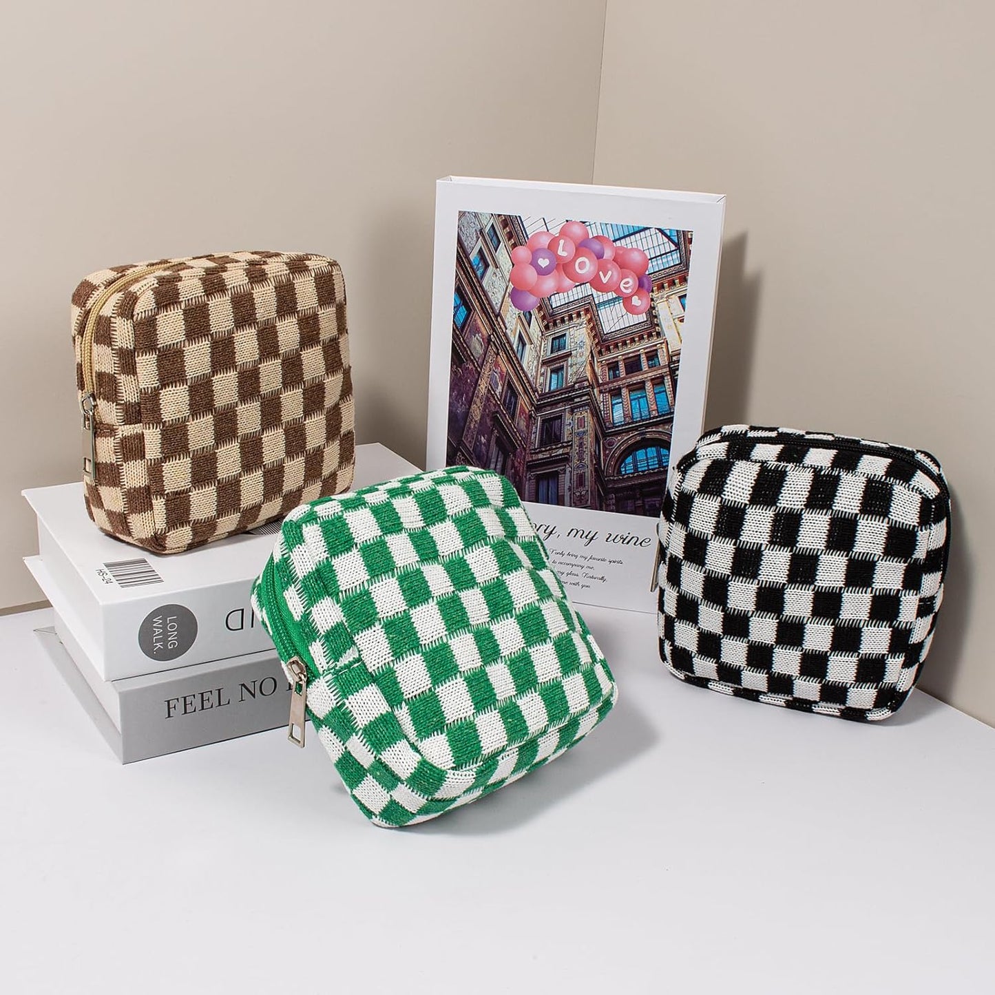 KOTORA 3pcs Checkered Mini Makeup Bag Pocket Cosmetic Bag Portable Aesthetic Preppy Makeup Bag for Women Mini Travel Makeup Organizer Storage Car Accessories (Black Green Brown)