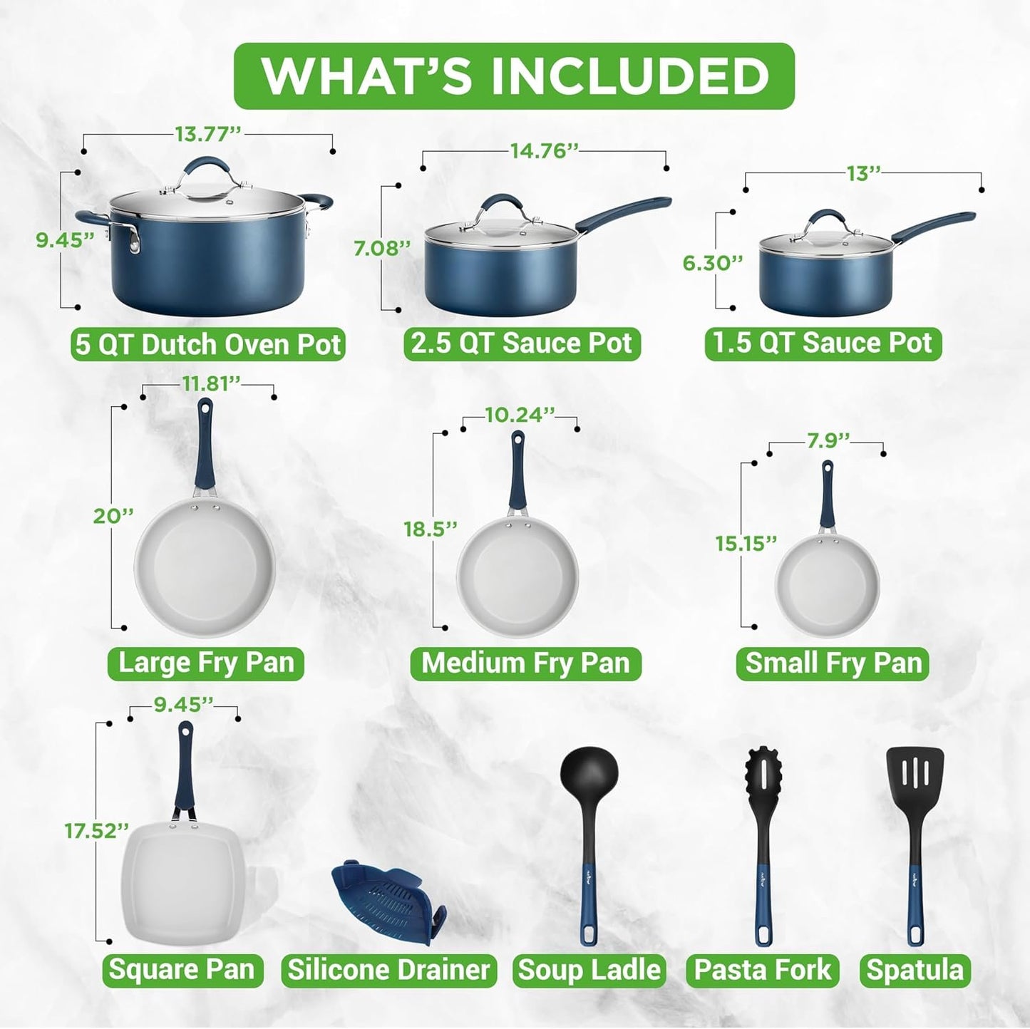 NutriChef 20-Piece Nonstick Cookware & Bakeware Set, PTFE/PFOA/PFOS-Free, Heat-Resistant Silicone Handles, Includes Saucepan, Frying Pans, Oven Pot, Lids & Utensils, Blue