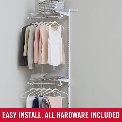 Rubbermaid Configurations Custom Closet Kit 2-4 Ft. Adjustable Metal Wire Shelving White Finish Expandable Organization System Hardware Included for Home Closet/Pantry/Laundry/Mudroom