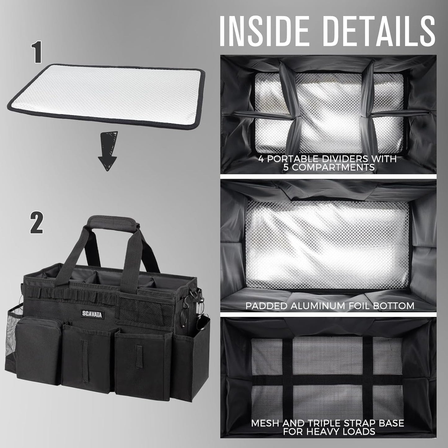Wearable Cleaning Caddy Bag, Supplies Organizer with Handle & Shoulder Straps for Housekeepers, Under Sink & Car Cleaning Tool Organizer with 4 Foldable Dividers (Black)