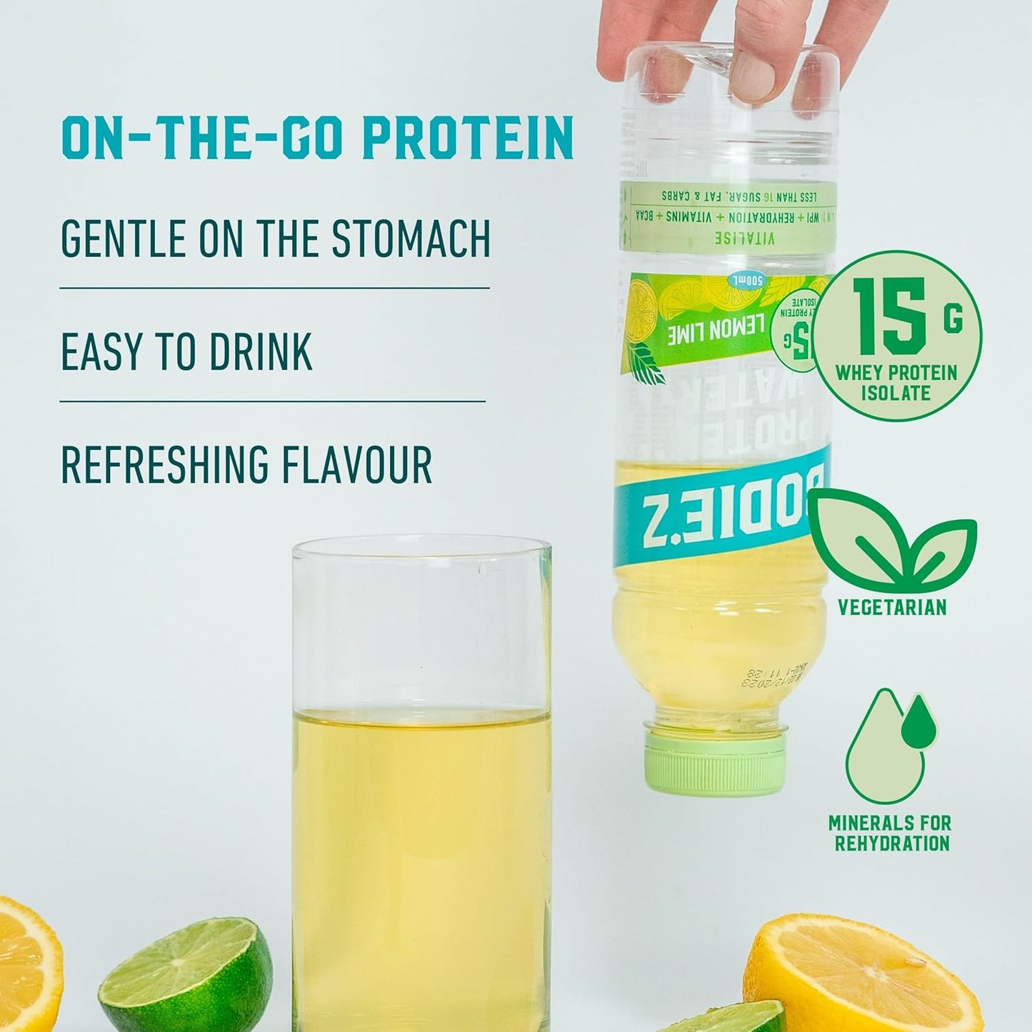 BODIE’Z Vitalise 15g Whey Protein Water - Pre-Mixed Protein Powder Drink, Less than 1g Sugar Fat and Carbs, 11 Vitamins and Minerals, Refreshing Supplement for Post Workout, 500ml Lemon Lime 6 Pack