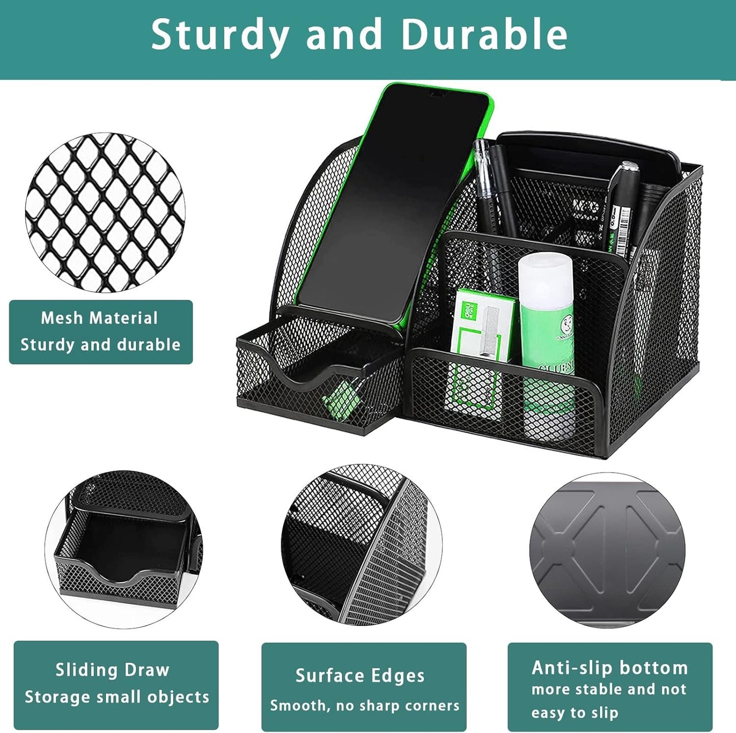 PYJLBX Desk Organizer, Pen Holder Desk Accessories, Metal Mesh Desk Organizers and Storage, Pencil Holder Desk Organizers Office Supplies Caddy Desk Storage with Draw for Home, Office, School (Black)