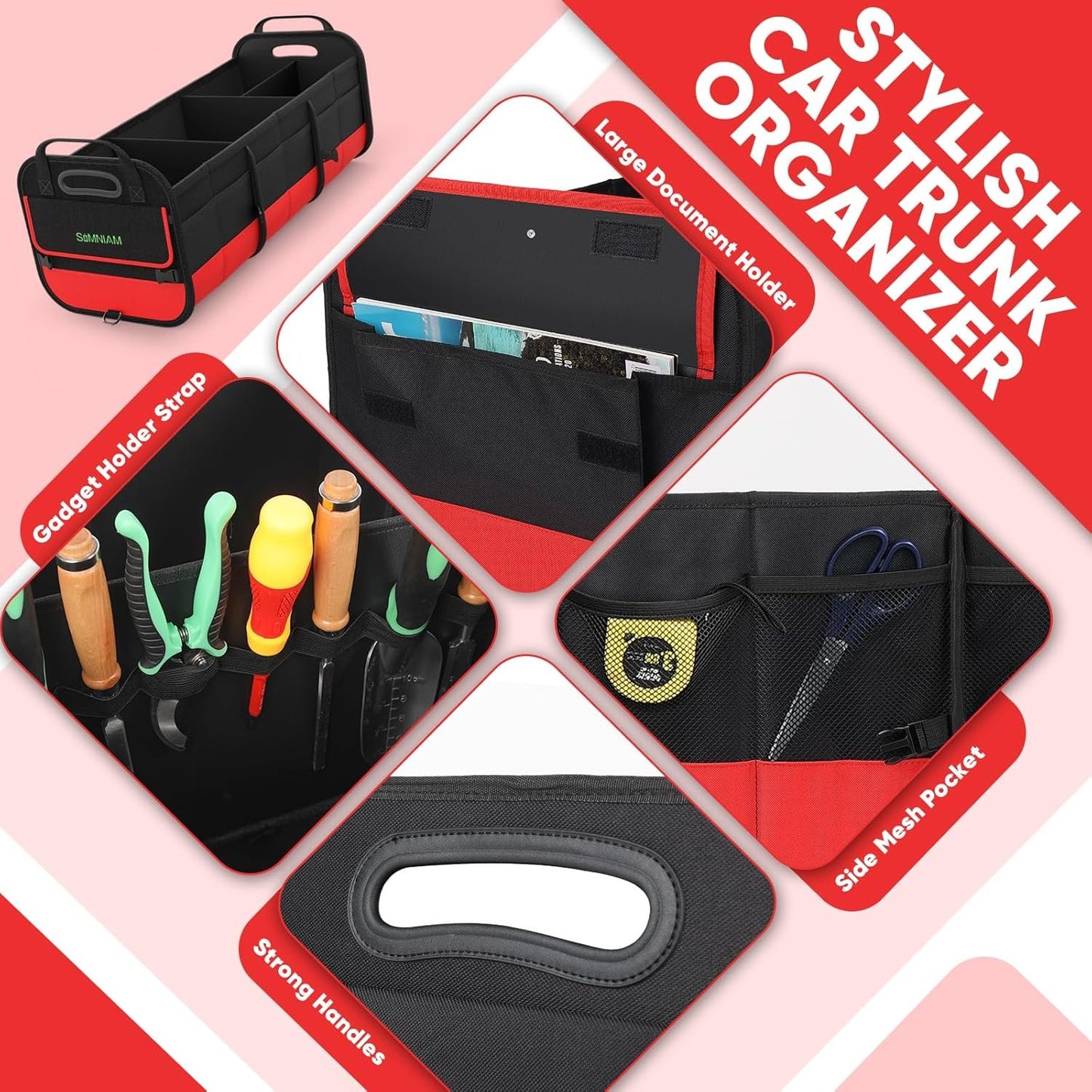 Simniam Large Trunk Organizer for Car, Collapsible Multi Compartment Car Trunk Organizer with 2 Retractable Straps, Suitable for All Kinds of Cars, SUV, Minivan - 4 Compartments Red