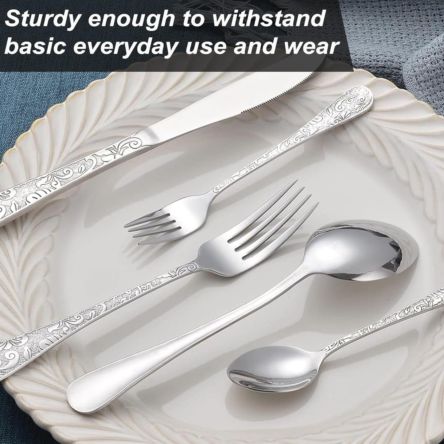Runfly Vintage Carved Stainless Steel 20 Pieces Flatware Set, Silverware Set, Modern Embossed Cutlery Set Utensils Including Fork Spoon and Knife