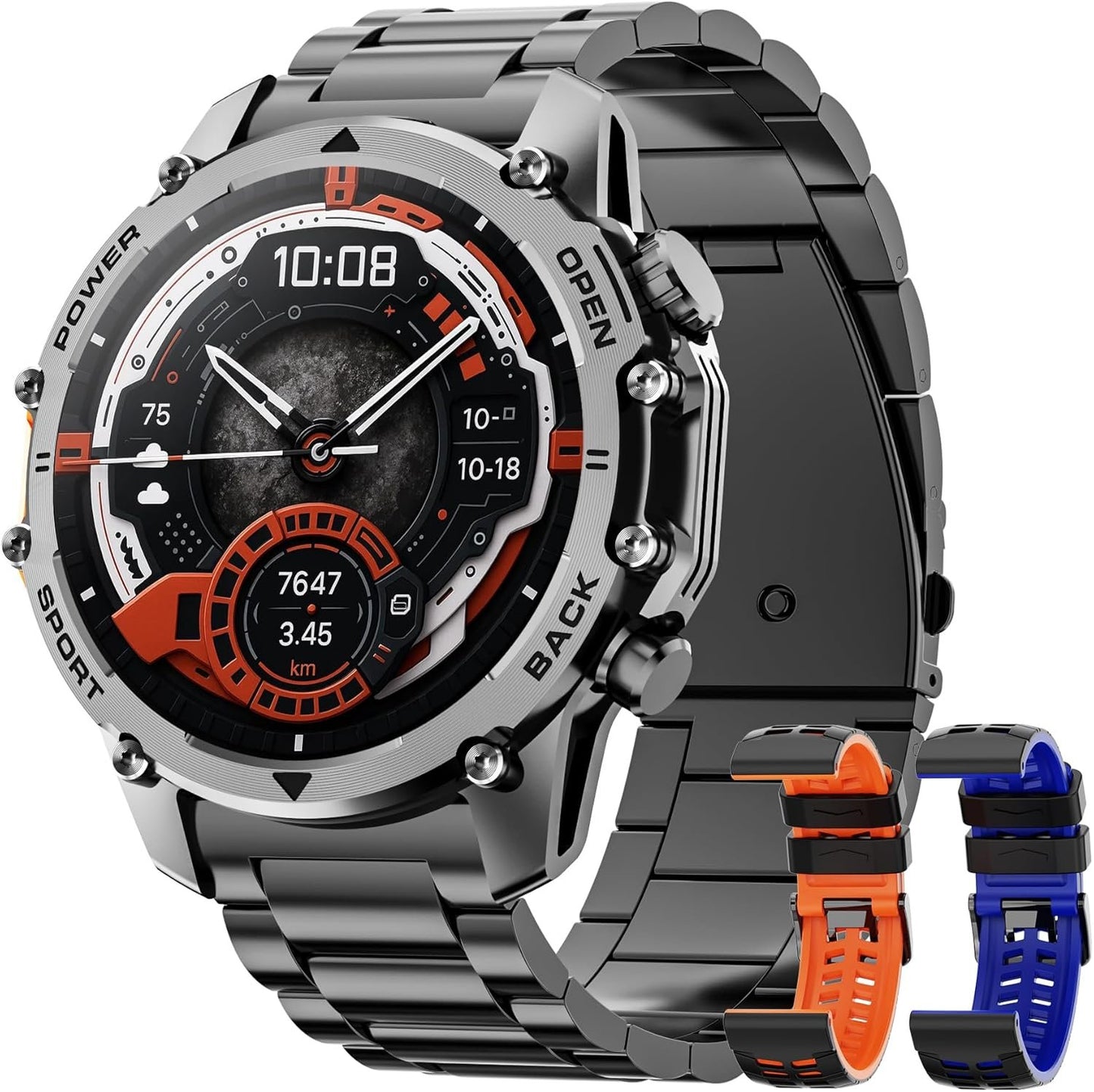 Smart Watch for Men(Calls/Answer) 1.52'' Military Smart Watch for Android iPhone,100+ Sport Modes/Heart Rate/Sleep Monitor,Fitness Tracker Two Accessories and Bands Kits-Blacksteel,Orange,Blue