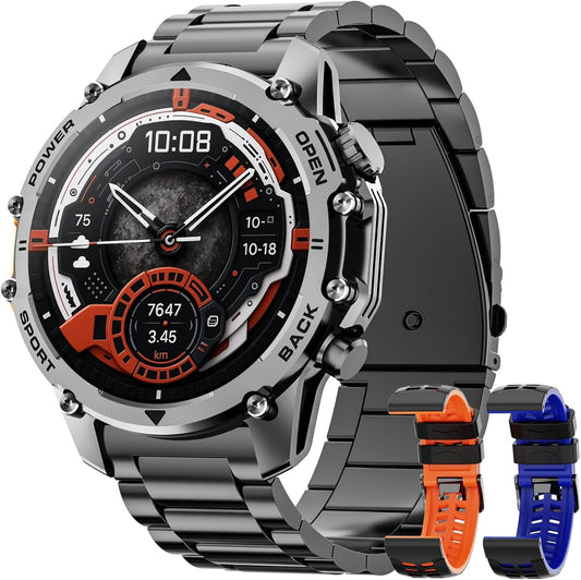Smart Watch for Men(Calls/Answer) 1.52'' Military Smart Watch for Android iPhone,100+ Sport Modes/Heart Rate/Sleep Monitor,Fitness Tracker Two Accessories and Bands Kits-Blacksteel,Orange,Blue