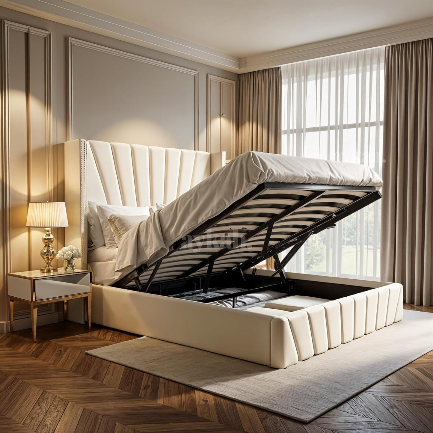 Aykah Fez Velvet Upholstered Queen Size Bed Frame with Storage, Modern Wingback Design Bed, Metal King Bed Frame with High Headboard, Wood Slat Support, Modern Design (Beige, Queen Bed)