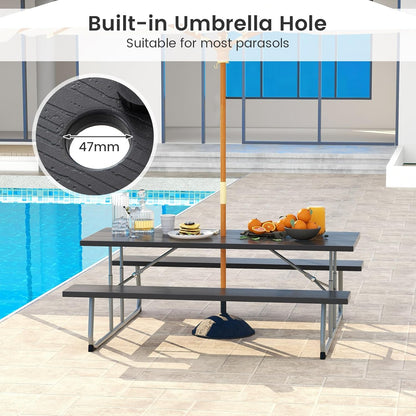 Costway Folding Picnic Table with 2 Benches, 1.8m Camping Table Set w/Metal Frame & All-Weather HDPE Tabletop, Umbrella Hole, 8-Person Large Outdoor Dining Table for Garden Yard Poolside (Black)