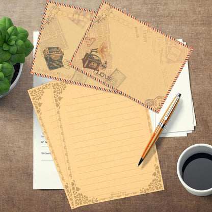 KSIWRE 48 PCS Vintage Style Stationery Paper and Envelopes Set, 32 PCS Lined Stationary Writing Paper with 16 PCS Envelopes, Old Looking Paper Antique Paper for Writing Letters Party Invitations