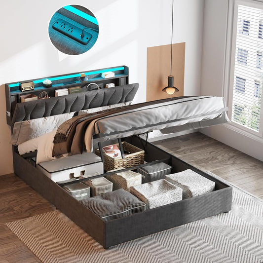 Drefure Bed Frame Full Size with Storage, Lift Up Bed Frame with Adjustable Headboard, Charging Station, LED Lights, Wood Slats, Noise-Free, No Box Spring Needed, Dark Grey