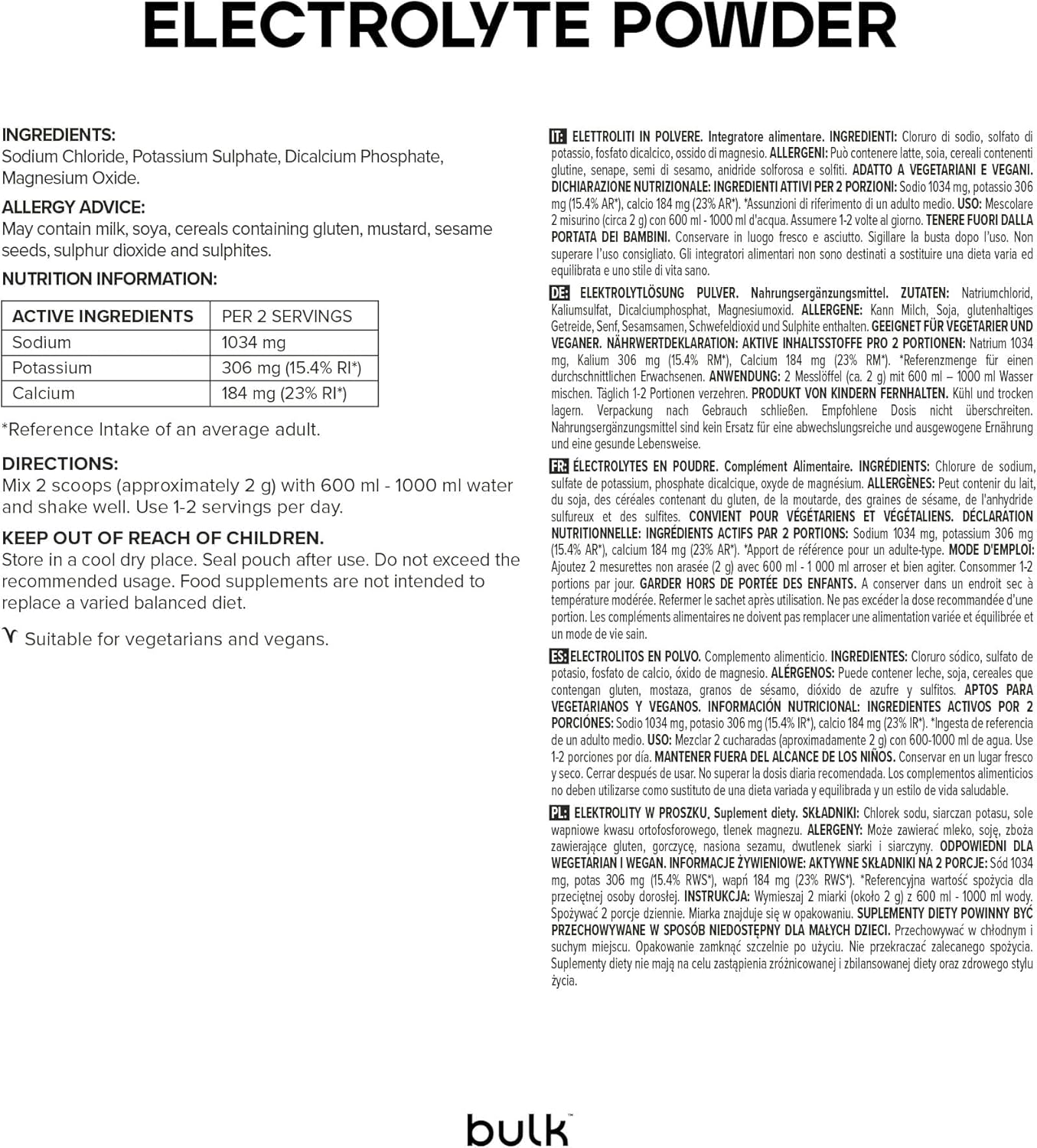 BULK POWDERS Electrolyte Powder, Unflavoured, 500 g