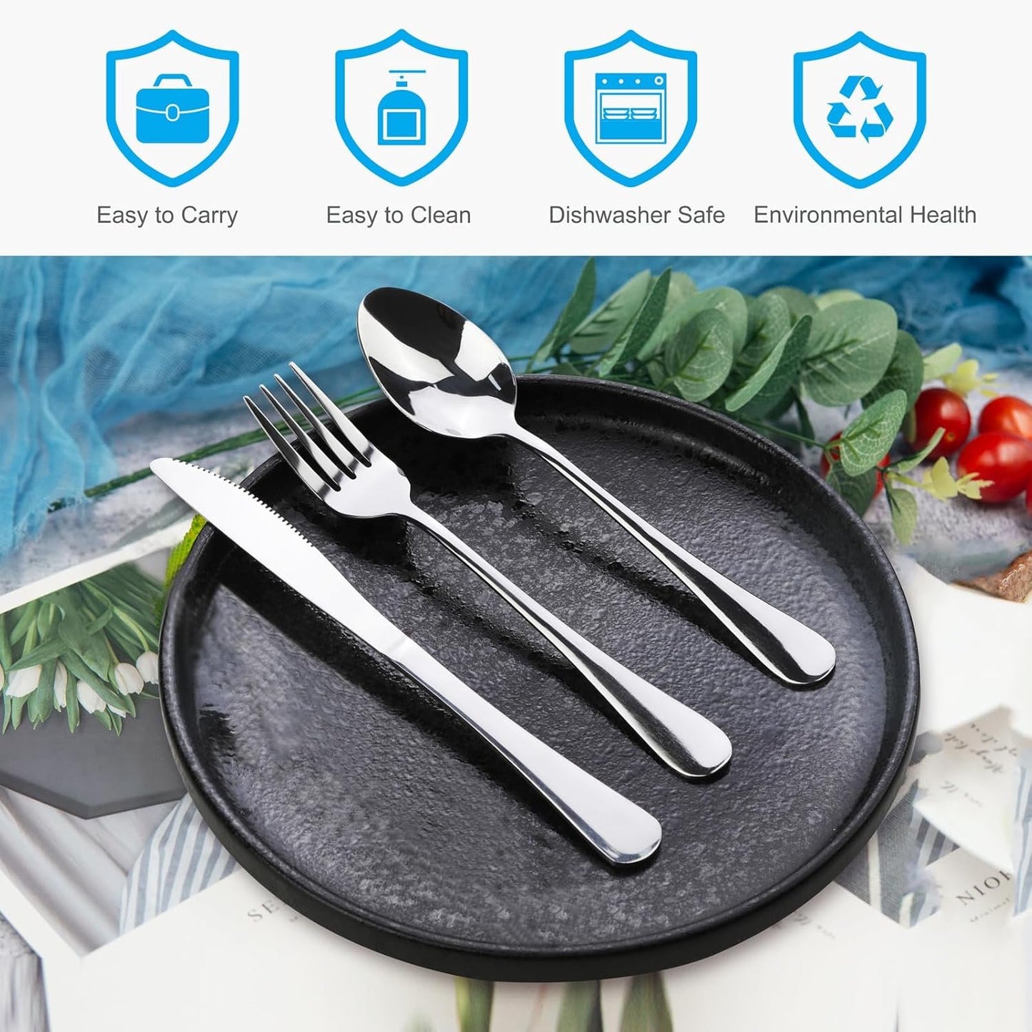 4PCS Premium Travel Utensils with Case, Stainless Steel Reusable Portable Utensils Set with Case, Lengnoyp Travel Silverware Set with Case for Lunch Box Including Fork Spoon Knife Set, Silver