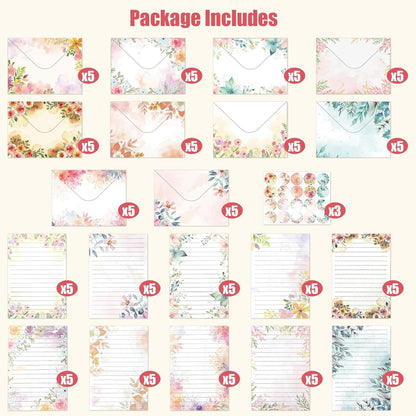 RAORAOYUE 160PCS Stationary Paper and Envelopes Set, 10 Different Style Floral Themed Writing Paper Stationery Set (50 Stationery Paper + 50 envelopes+60 Sticker)