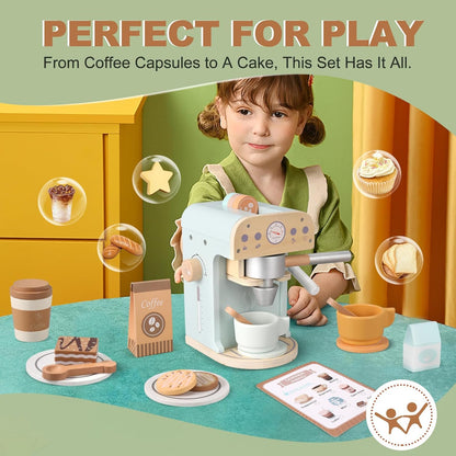 Pithfor Kids Wooden Coffee Maker Toy, Wooden Play Kitchen Appliances & Accessories Toy for Kids Toddlers, Gift for Girls Boys