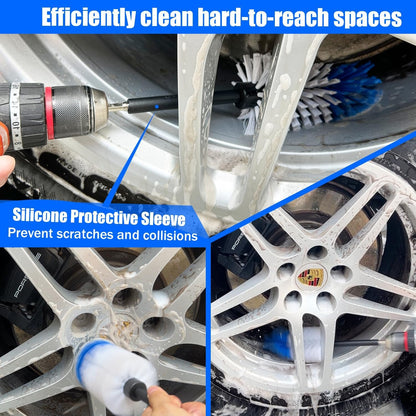 Wheel Brush Kit, Soft Drill Wheel Cleaner Brush, Tire Brush, Detailing Brush, and Detailing Pads, No Scratches Car Wheel Cleaning Kit for Wheels, Tires, Rims, Engines, Exhaust(Blue+White, 6 Pk)