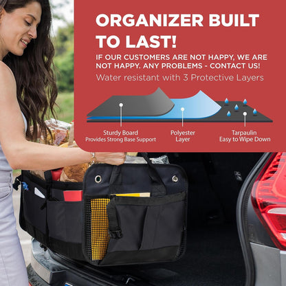 TRUNKCRATEPRO Trunk Organizer For Car, SUV, Car Organizers And Storage. Premium Adjustable Multi Compartments Durable Foldable Gift, Car Accessories W 2 Straps (Regular, Black)