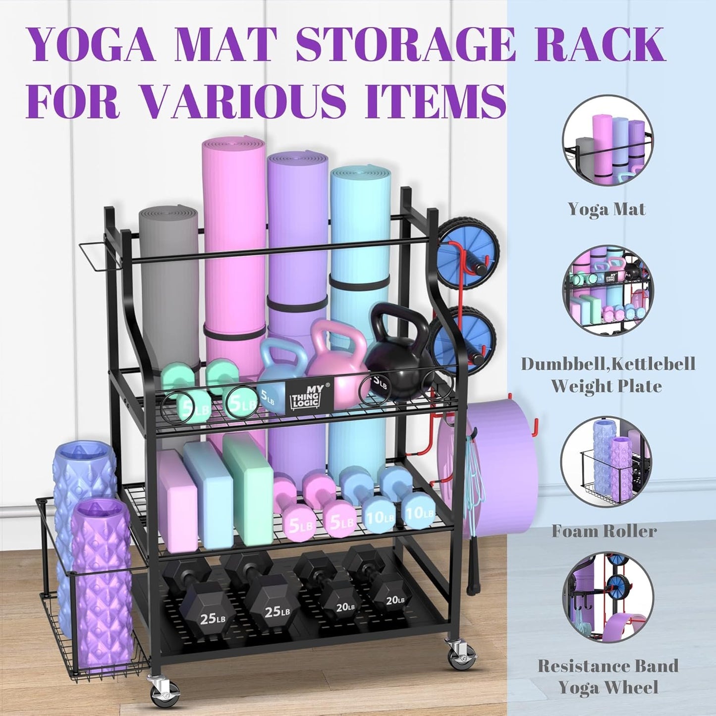 Mythinglogic Yoga Mat Storage Racks, Home Gym Storage Rack for Foam Roller, Resistance Band, Dumbbell, Kettlebell, Yoga Mat Holder, Workout Equipment Storage Organizer with Wheels and Hooks